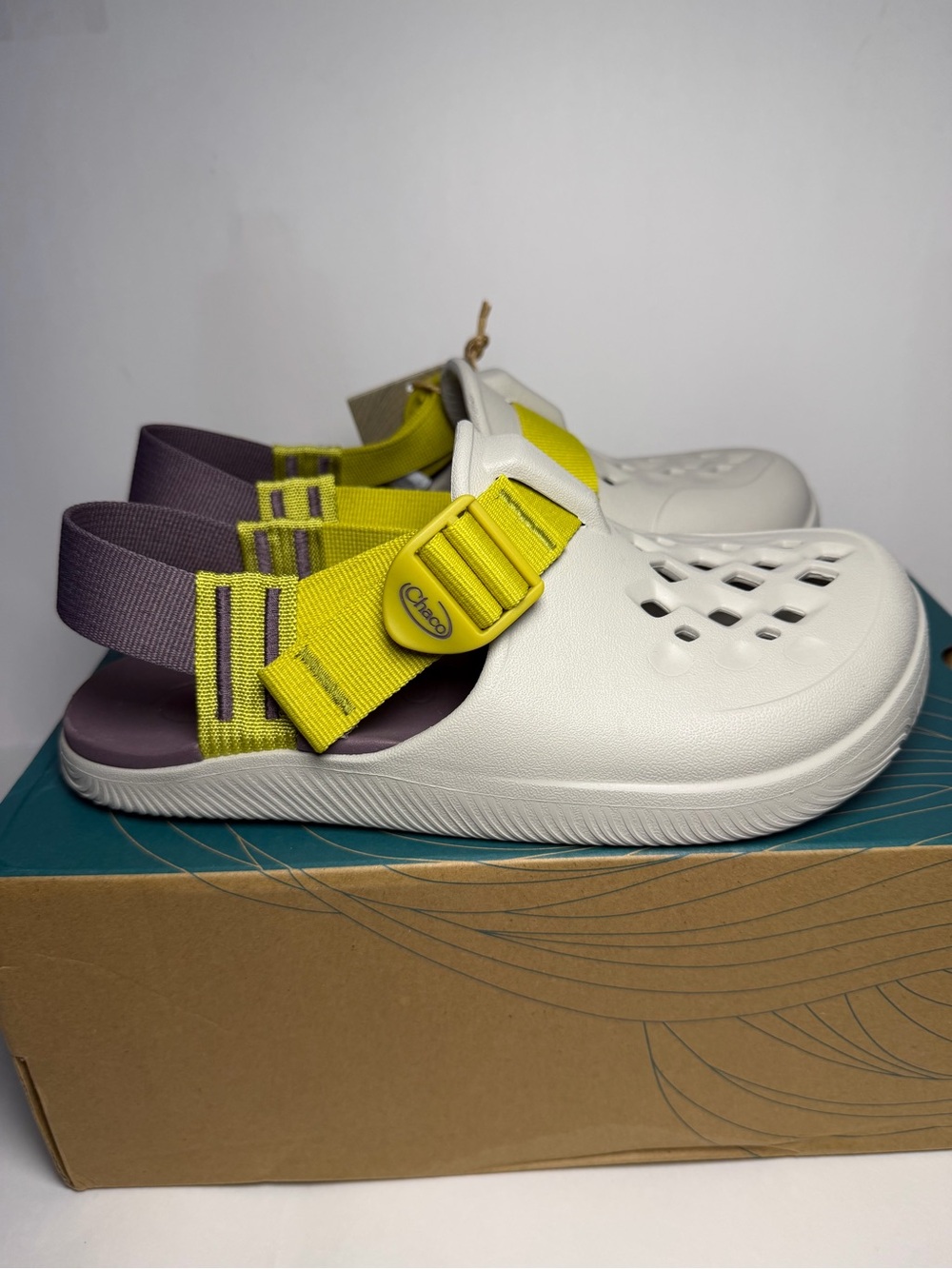 Chaco Neutral tone Sandals with Yellow Buckle & Purple Heel